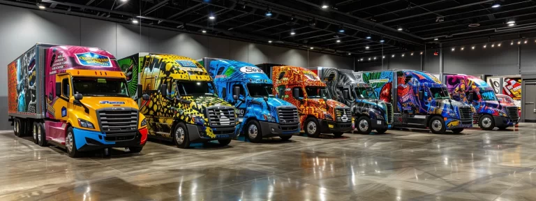 a bold and vibrant vinyl-wrapped fleet of trucks, showcasing logos and graphics from the best vinyl brands in the industry.