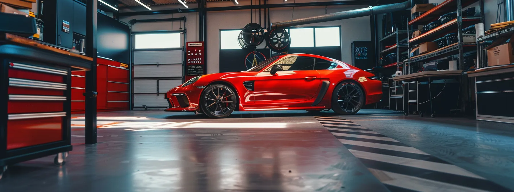 a sleek, glossy vinyl wrap being expertly applied to a fleet vehicle by a professional installer in a well-lit, spacious garage.