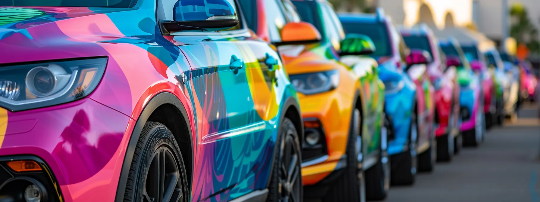 vividly colored vinyl wraps from avery dennison and 3m brands displayed on vehicles, showcasing durability, color vibrancy, and finish options for fleet graphics.